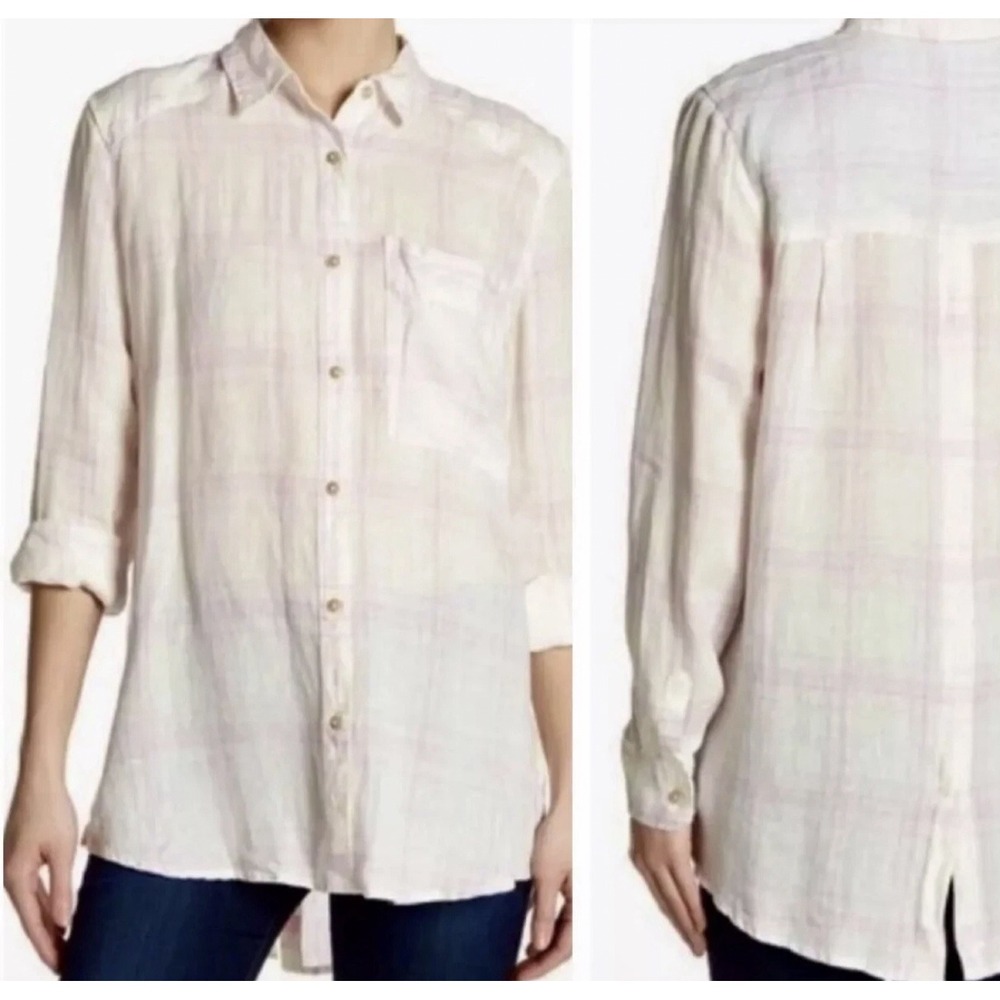 Free People M No Limits Pink Plaid Linen Blend Button Up Shirt Women's Coastal